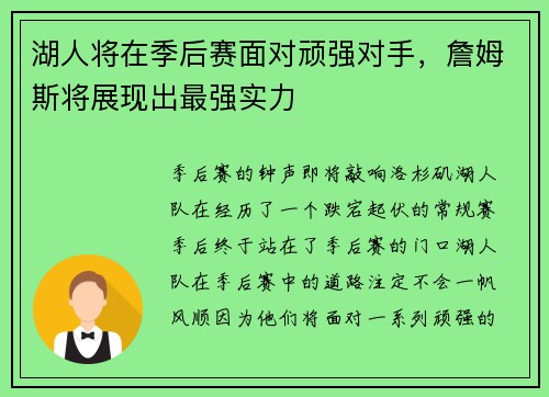 湖人将在季后赛面对顽强对手，詹姆斯将展现出最强实力
